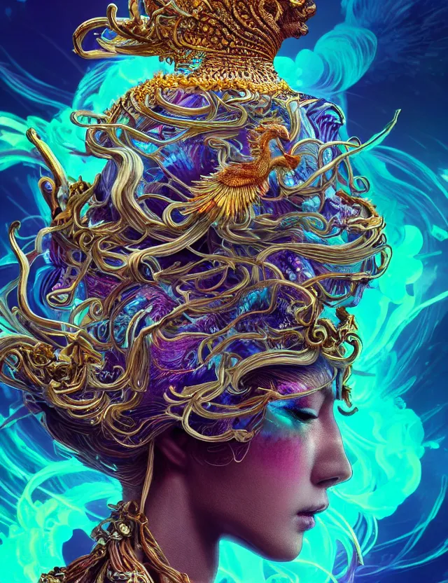 Image similar to goddess phoenix macro close - up portrait with crown made of ram skull. phoenix, betta fish, jellyfish, bioluminiscent, plasma, ice, water, wind, creature, super intricate ornaments artwork by tooth wu and wlop and beeple and greg rutkowski