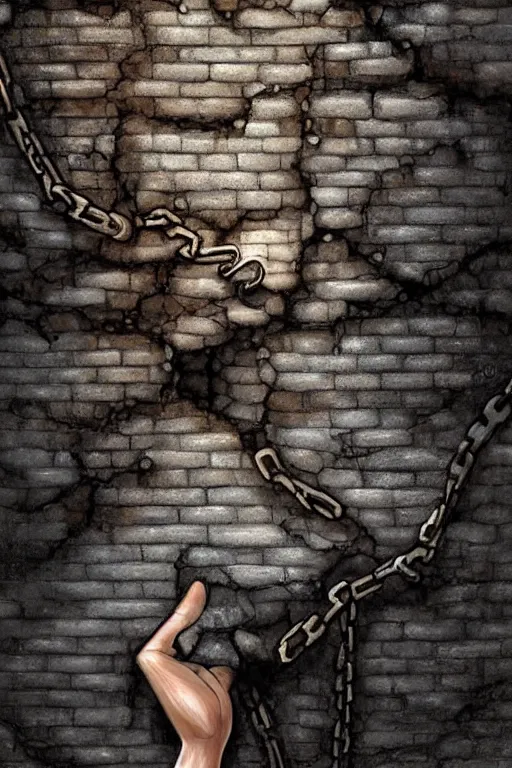 Prompt: giant crack hole on the brick concrete wall, hand coming from inside the crack reaching towards camera haand is holding a teddybear. gloomy, intricate, elegant, highly detailed, digital painting, artstation, concept art, addiction, chains, smooth, sharp focus, illustration, art by ilja repin