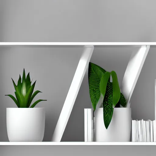 Image similar to white zen clean modern minimalist bookshelf with cute plants by peter tarka in an ivory room well contoured smooth fair walls, up close shot, sharp focus, zen, clean, modern minimalist, zaha hadid octane highly render, 4 k, ultra hd,