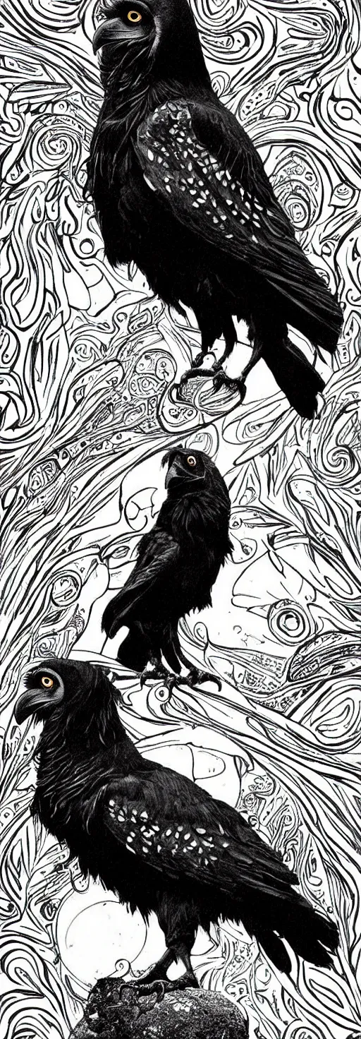 Image similar to psychedelic, monochrome artwork!!, of a raven and raven combined, in front of an owl that is a window into the ocean, by didier comes, graphic novel art,