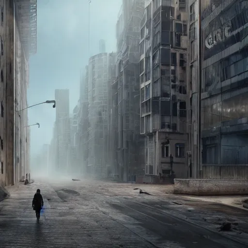 Prompt: hyperrealistic matte painting of a desolate city street, lone travelers walking under massive buildings, intricate detail, long street, glass buildings, vr, cables, distortions, piping, 8 k resolution, technological, endless street, by hugh ferris, cyberpunk style, concept art, trending on artstation