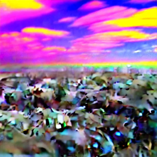 Prompt: combat drone strike war footage, ir, chromatic aberration!!!!!!!!!!!, broken camera colors, iridescent!!!!!!!!! saturated infrared camera, very high contrast, nuclear cloud, high angle vertical, inversed color, clouds, jpeg compression