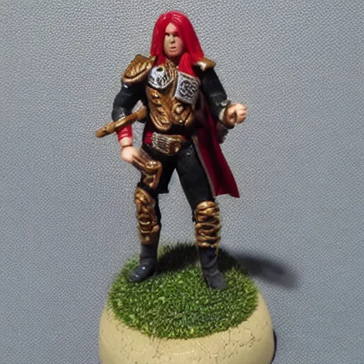 Prompt: heroic scale miniature. games workshop. human bard. platinum blonde with red streaks.