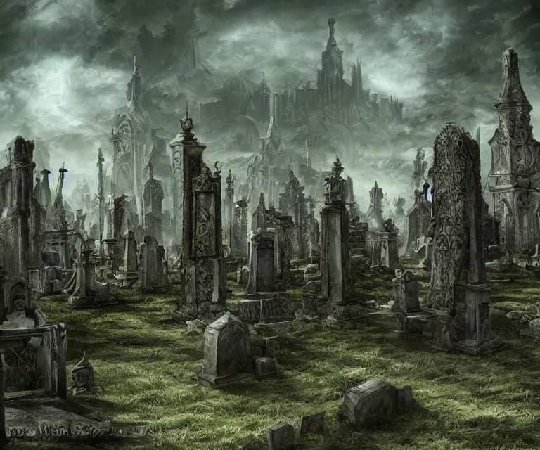 Image similar to a city of tombs and tombstones, graveyard landscape, giant grave structures, giant tomb structures, dark fantasy, digital art, fantasy art