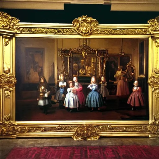 Image similar to super quality family portrait in the main room of the castle painted in 1 6 5 6, dark room, one point of light coming through the window inspired by las meninas, clear spaces between each subject and good detail and realistic eyes, faces for each person in the canva, inspired by diego velasquez baroque style