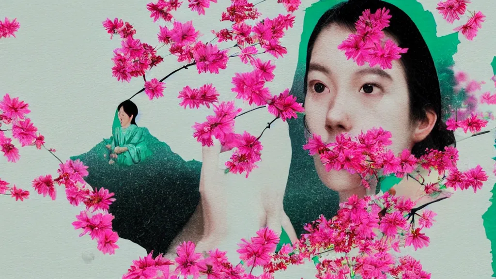 Image similar to close - up of a woman in a small group of people, a flower viewing picnic sakura, japan, a collage painting, in the style of wes anderson, lola dupre, david hockney, isolated on negative white space background dark monochrome neon fluorescent spraypaint accents volumetric octane render