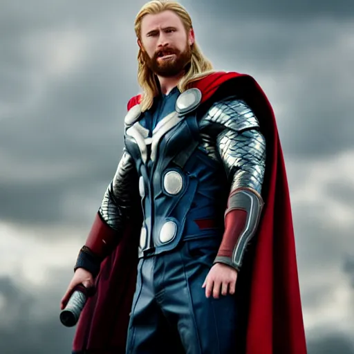 Image similar to chris evans as thor, marvel cinematic universe, mcu, canon eos r 3, f / 1. 4, iso 2 0 0, 1 / 1 6 0 s, 8 k, raw, unedited, symmetrical balance, in - frame,