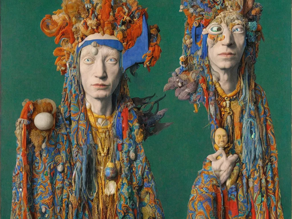 Image similar to Portrait of albino mystic with blue eyes, in psychedelic trance, with totemic archaic mask made from Malachite. Painting by Jan van Eyck, Audubon, Rene Magritte, Agnes Pelton, Max Ernst, Walton Ford