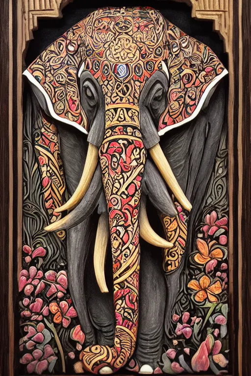 Image similar to Painted dark-wood panel relief carving of a close up of a Flowerpunk Matriarch Elephant, ornate border frame, explosion of colorful flowers, dark wood, intricately carved, black ink, festival of rich colors, intricate details, cinematic lighting, volumetric lighting, post-processing, art nouveau, by andreas rocha and john howe, and Martin Johnson Heade, featured on artstation, featured on behance, golden ratio, hyper detailed, photorealistic, epic composition, center spotlight, f32, well composed, symmetrical, UE5, 8k