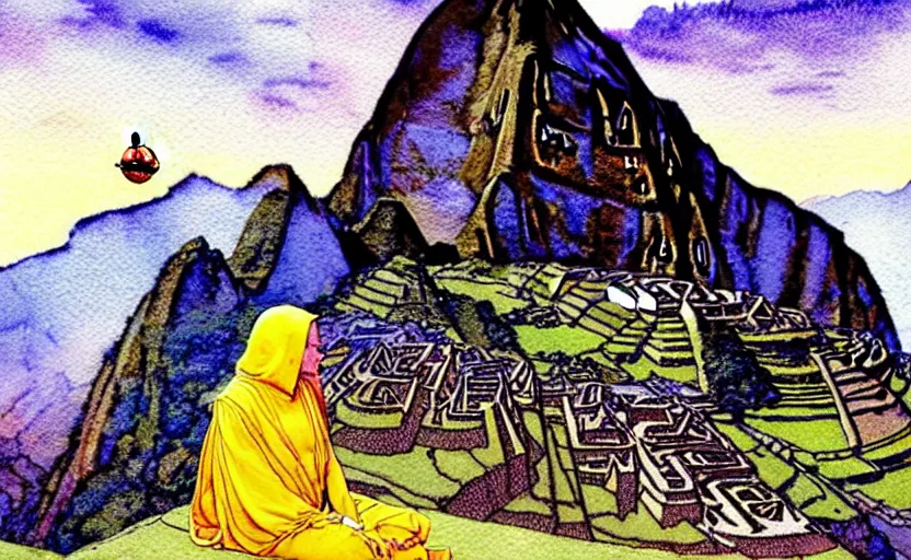 Image similar to a realistic and atmospheric watercolor fantasy concept art of a golden ufo hovering above machu pichu. in the foreground a female medieval monk in grey robes is kneeling with her hands by her sides. by rebecca guay, michael kaluta, charles vess