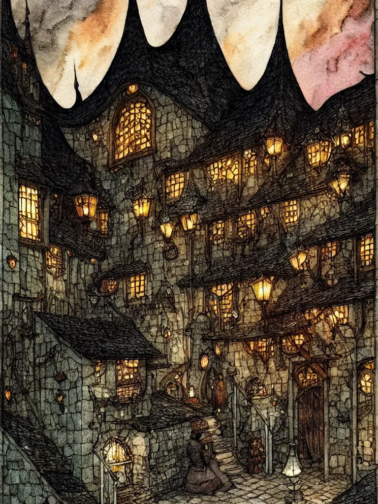 Image similar to medieval tavern exterior night, shingled roof, dark alleyway, fantasy, intricate, elegant, highly detailed, digital painting, artstation, concept art, matte, sharp focus, illustration, art by kay nielsen and walter crane, illustration style, watercolor