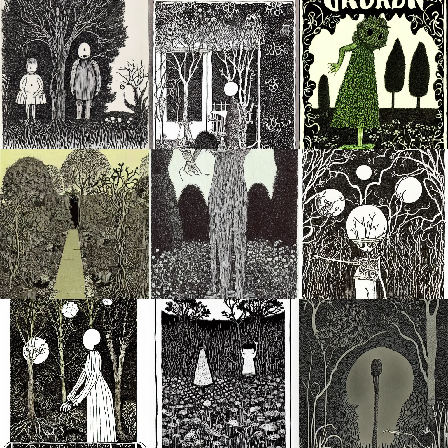 Prompt: creepy garden by edward gorey. book cover