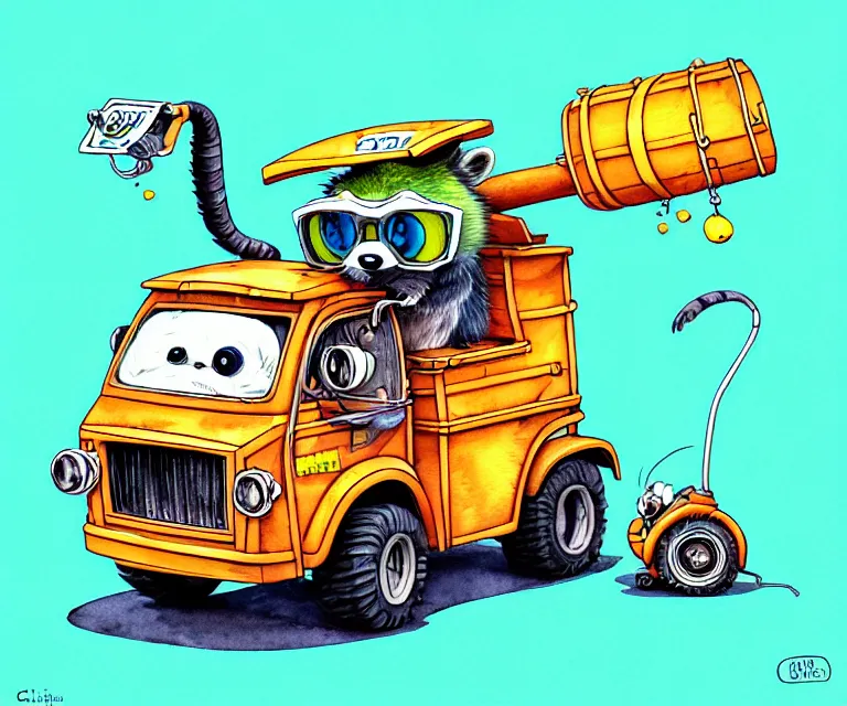 Image similar to cute and funny, racoon wearing goggles driving a tiny garbage truck, ratfink style by ed roth, centered award winning watercolor pen illustration, isometric illustration by chihiro iwasaki, edited by craola, tiny details by artgerm and watercolor girl, symmetrically isometrically centered