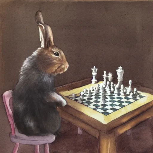 Prompt: first person view, playing chess against a rabbit, watercolour realism