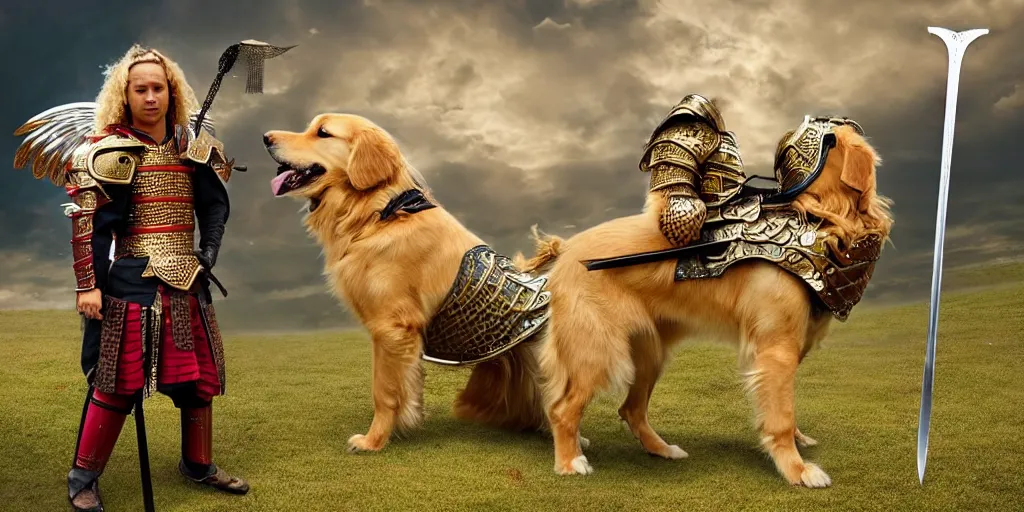 Prompt: full - length professional photo golden retriever in medieval armor with wings and sword fighting with samurai cat in japanese samurai armor with catana, shot from michael benjamin bay movie