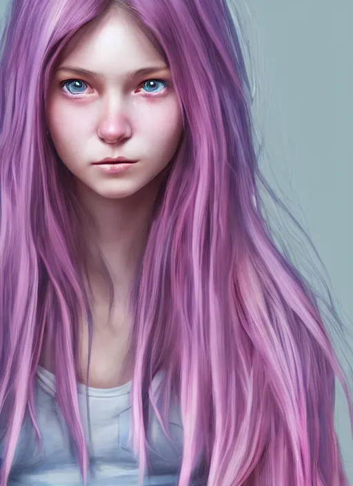 Prompt: highly detailed concept art for the main character in the award winning film named life is better in pink. the character is a unnaturally beautiful teenage girl with deep dark blue eyes, slight smile, and long curled pink dyed hair, wearing light pink clothes. realistic cg render, anatomically correct, high key lighting, trending on art station, vibrant colors.
