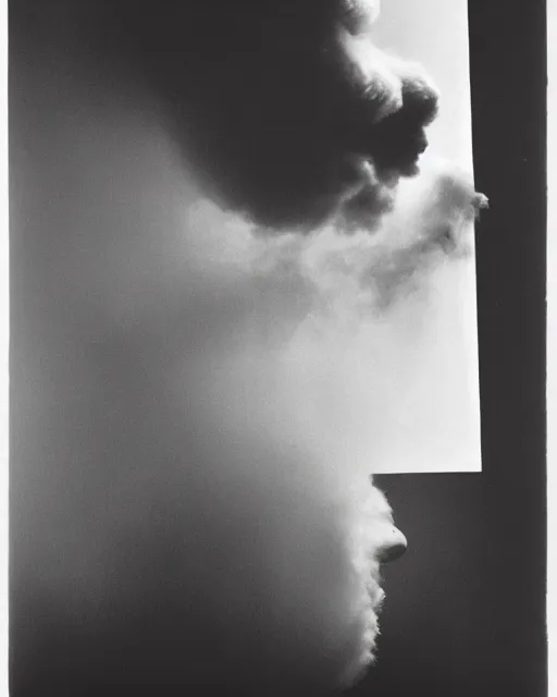 Image similar to a man who's head is turning into a puff of smoke, annie liebowitz, black and white