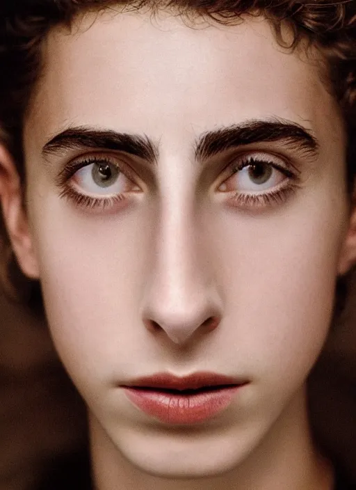 Image similar to portrait of beautiful female timothee chalamet by mario testino, headshot, detailed, award winning, sony a 7 r