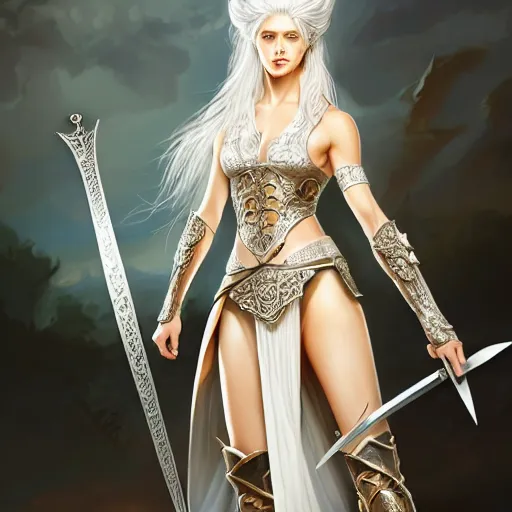 Image similar to full body painting of a woman with flowing luscious glowing white hair standing whilst holding a sword, wearing intricate plate - armor and leather underneath. intricate, elegant, highly detailed, digital painting, artstation, concept art, smooth, sharp focus, illustration, by terry wei, qiu fang, tooth wu, kan liu, siwoo kim, jisu choe