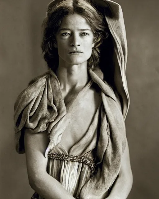 Image similar to the beautiful young actress charlotte rampling, dressed as the greek fate clotho, one of the weavers of destiny, photographed in the style of annie leibovitz, studio lighting, highly detailed, photorealistic