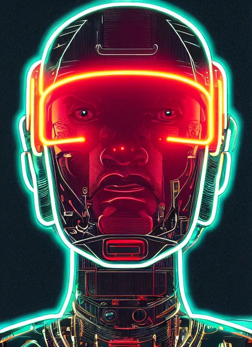 Prompt: portrait of a cyborg humanoid with mechanical and electronic element, neon light, illustrated by Laurie Greasley and Michael Whelan, highly detailed, trending on artstation