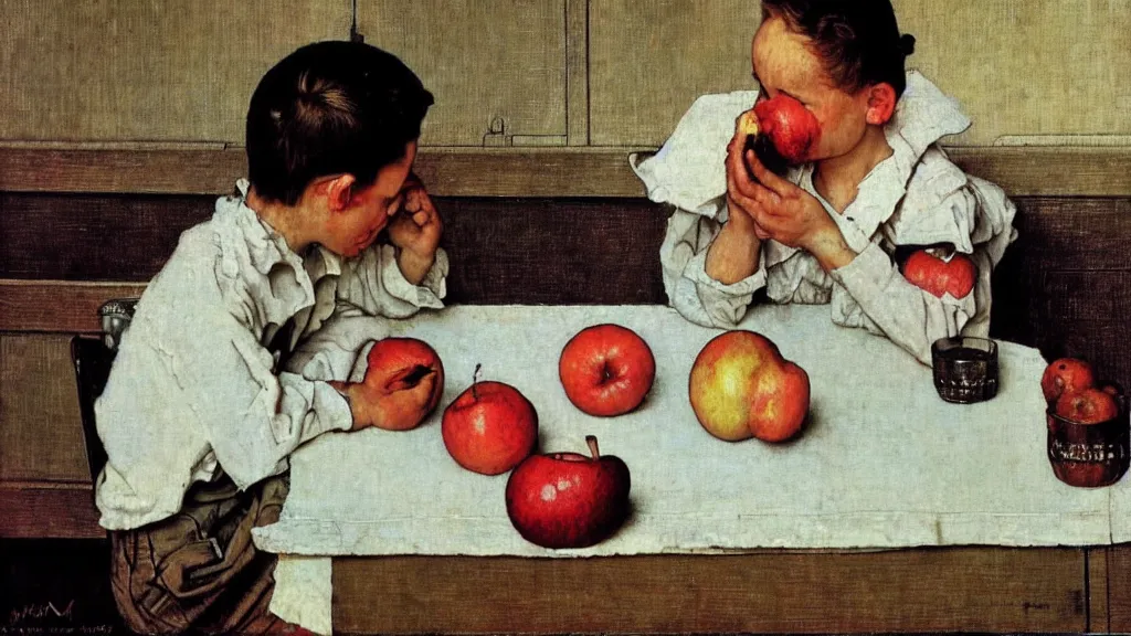 Prompt: An apple on a table. By Norman Rockwell