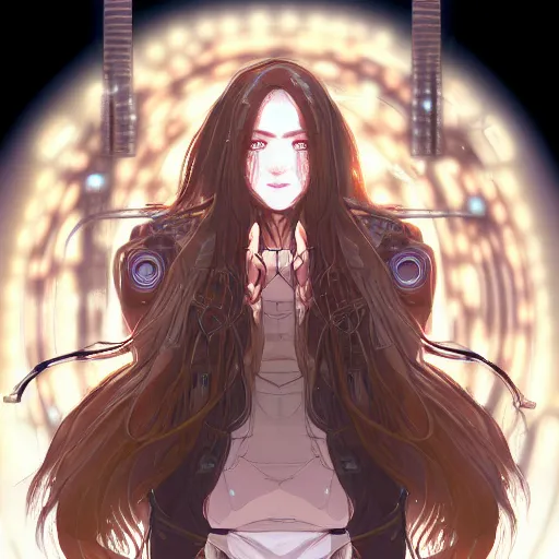 Image similar to Female mage, beautiful face, excited expression, brown flowing hair, symmetrical features, medical background, headshot, cyberpunk, luminescent, wires, cables, gadgets, Digital art, detailed, anime, artist Katsuhiro Otomo