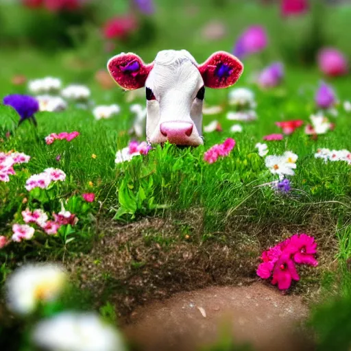 Prompt: a little cow in a field surrounded by flowers, tilt shift photo