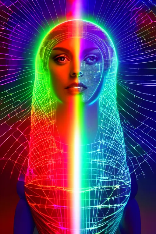 Image similar to portrait of the goddess of artificial intelligence as a hologram, in front of a rainbow of data, threads of light in the background, extremely high quality artwork, very detailed, obscured face, anthropomorphic silhouette, trending on artstation