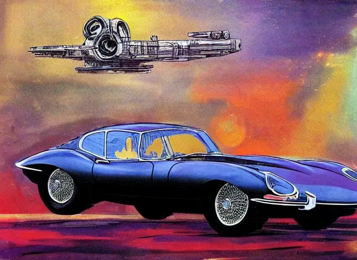 Prompt: kitt, knight rider, jaguar e - type. style danger diabolik, star wars, retro, retro futurist. painting by jack gaughan