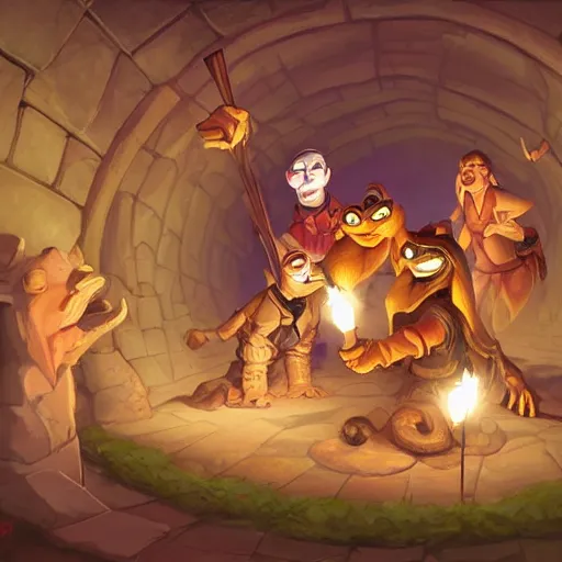 Image similar to D&D, a group of pepe digging in a tunnel by torchlight, artwork by Artgerm, Don Bluth