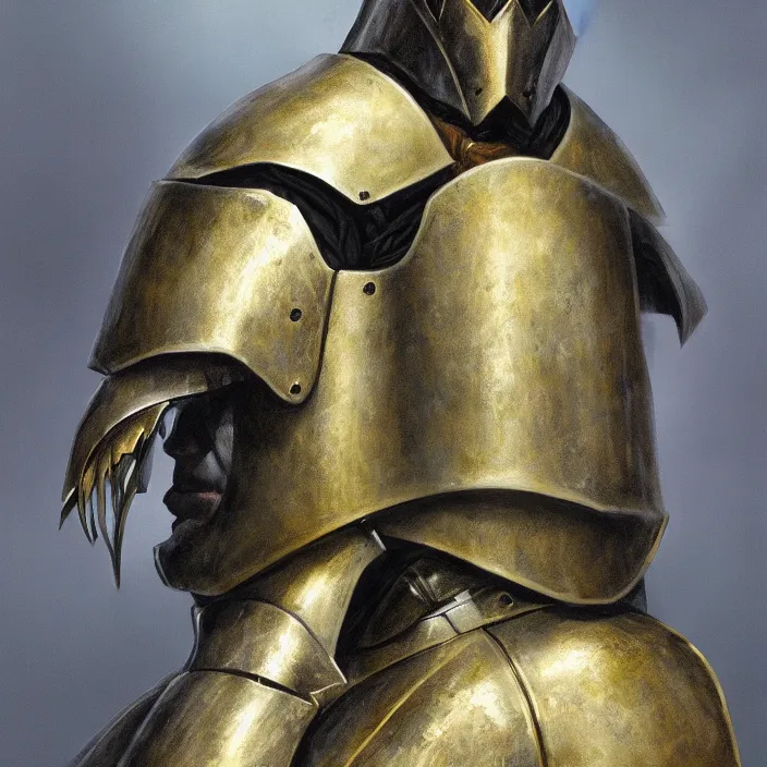 Prompt: portrait of an armored nazgul warrior, brass armor, only head and chest, by Michael Whelan, 4k, trending on Artstation