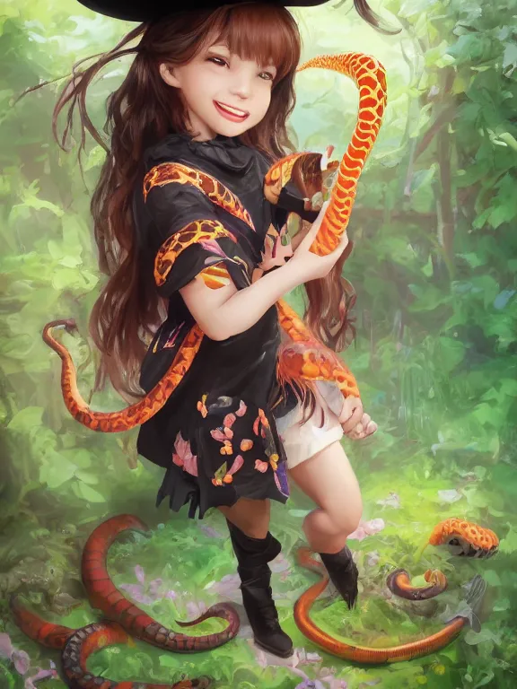 Prompt: Full shot of a cute mischievous young witch about to get up to some trouble with her snek familiar. Latin American fashion. Floral patterns. Black and Orange palette. Danger noodle. Magic Snake. Latina girl. brown skin. defined facial features, symmetrical facial features. Smiling. By Ruan Jia and Artgerm and Range Murata and WLOP and Ross Tran and William-Adolphe Bouguereau. Key Art. Fantasy Illustration. award winning, Artstation, intricate details, realistic, Hyperdetailed, 8k resolution.