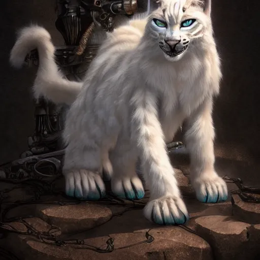 Prompt: white anthropomorphic lynx cat full body by Les Edwards and Noriyoshi Ohrai, furry art, steampunk fantasy style, 4k, trending on artstation