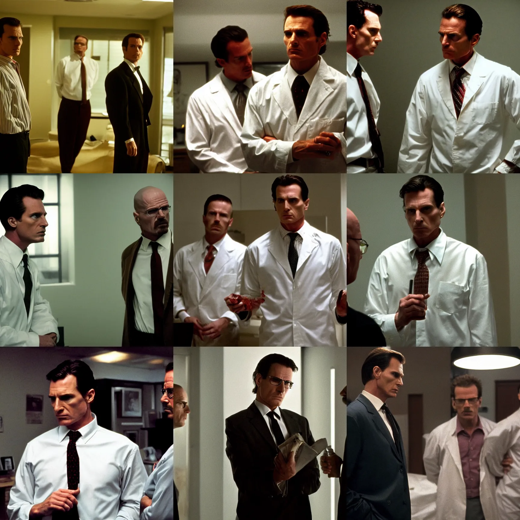 Prompt: patrick bateman ( american psycho ) staring down walter white intensely, still from breaking bad
