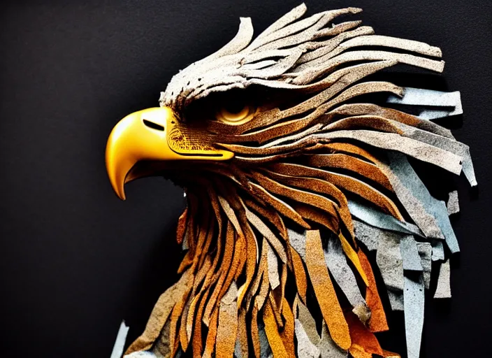 Prompt: pieces of a ripped flag!!!, chicken feathers and saw dust molten and restructured into a beautiful!!!, abstract!!!!!!! sculpture of an eagle, museum display, black backdrop, high contrast, award winning photo, dslr, high quality