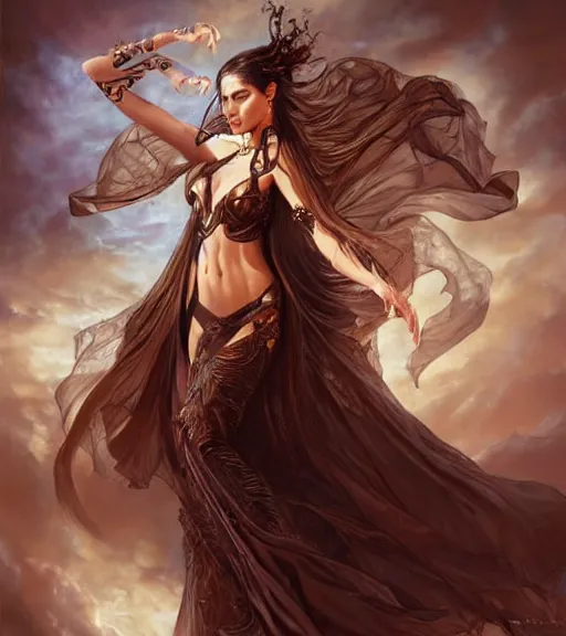 Prompt: a higly detailed full body shot portrait painting of a stunning and sensual female fantasy sorceress with piercing beautiful eyes, dynamic lighting, ambient lighting, deviantart, art by artgerm and karol bak and mark brooks