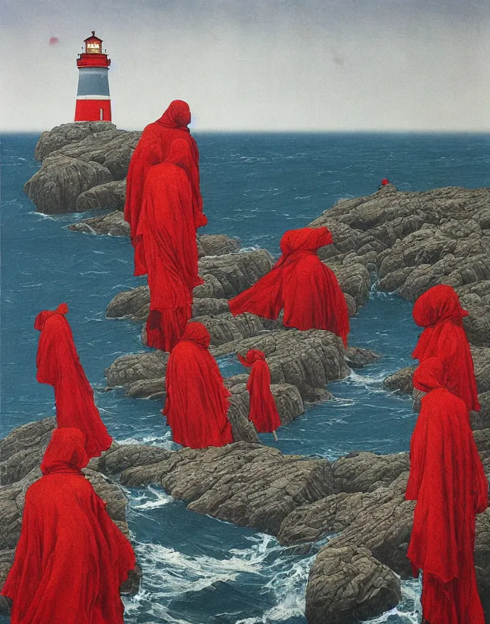 Image similar to worshippers in red robes belonging to the cult of the lighthouse clambering out of the water onto the rocky shore at the base of the light house, base of the light house, high detailed beksinski painting, part by adrian ghenie and gerhard richter. art by takato yamamoto. masterpiece, deep colours, blue