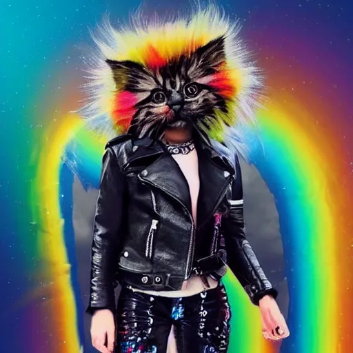 Image similar to wide angle full body, jacket wearing fluffy cute rainbow kitten wearing a black leather motorcycle jacket, cinematic concept art