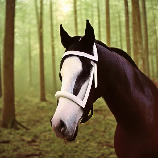 Prompt: 120mm photograph of a horse, wearing a white fly mask, forest , Photo is shot using a Rolleiflex TLR, with Kodachrome film,