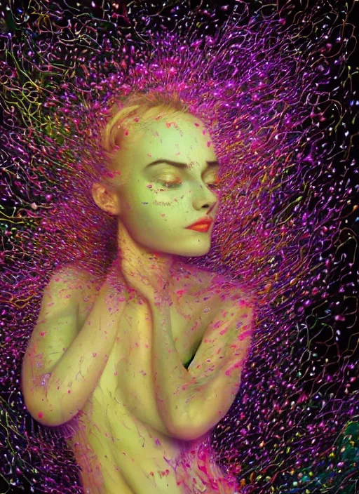 Image similar to hyper detailed 3d render like a Oil painting - Aurora (Singer) Eats of the Strangling Fruit of penance open eyes and Her Hands full of gossamer polyp blossoms bring iridescent fungal flowers whose spores black the foolish stars by Jacek Yerka, Mariusz Lewandowski, Houdini algorithmic generative render, Abstract brush strokes, Masterpiece, Edward Hopper and James Gilleard, Zdzislaw Beksinski, Mark Ryden, Wolfgang Lettl, hints of Yayoi Kasuma, octane render, 8k