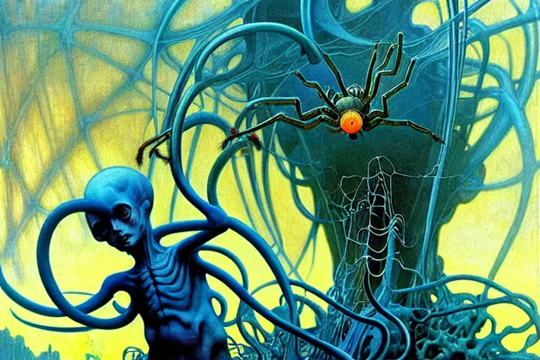 Image similar to realistic extremely detailed portrait closeup painting of a ghost kid playing with giant spider, futuristic sci-fi landscape on background by Jean Delville, Amano, Yves Tanguy, Alphonse Mucha, Ernst Haeckel, Edward Robert Hughes, Roger Dean, rich moody colours, blue eyes