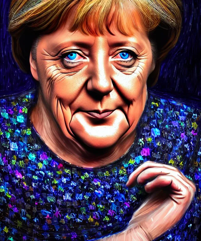 Prompt: angela merkel as a fantasy magic woman portrait, sci - fi, amber eyes, face, long hair, fantasy, intricate, elegant, highly detailed, digital painting, photo by reuters, concept art, sharp focus