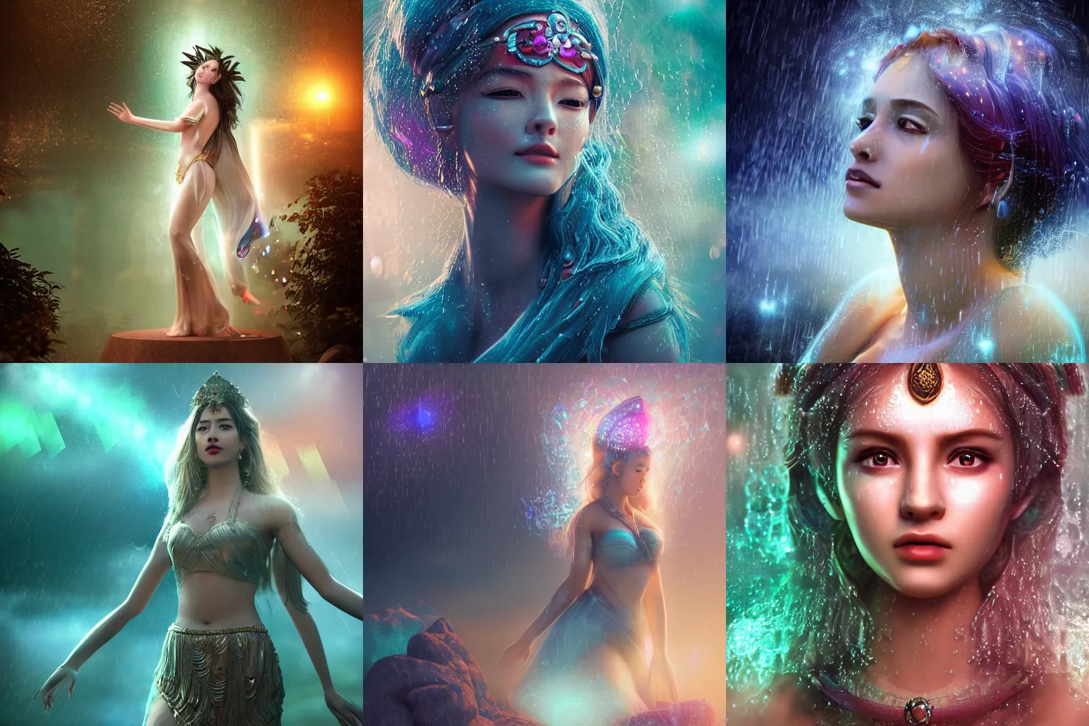 Prompt: a beautiful female goddess of rain character, character is in all its glory, character is in her natural relaxed pose, rim lights, particles and dust in the air, fancy clouds, highly detailed professional photo, dynamic lights, particles are flying, depth of field, trending on artstation, illustration, hyper realistic, vray caustics, super detailed, colorful accents, cinematic shot