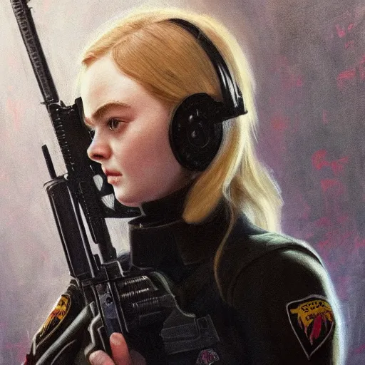 Prompt: ultra realistic portrait painting of elle fanning in prey wearing swat gear, art by frank frazetta, 4 k, ultra realistic, highly detailed, epic lighting