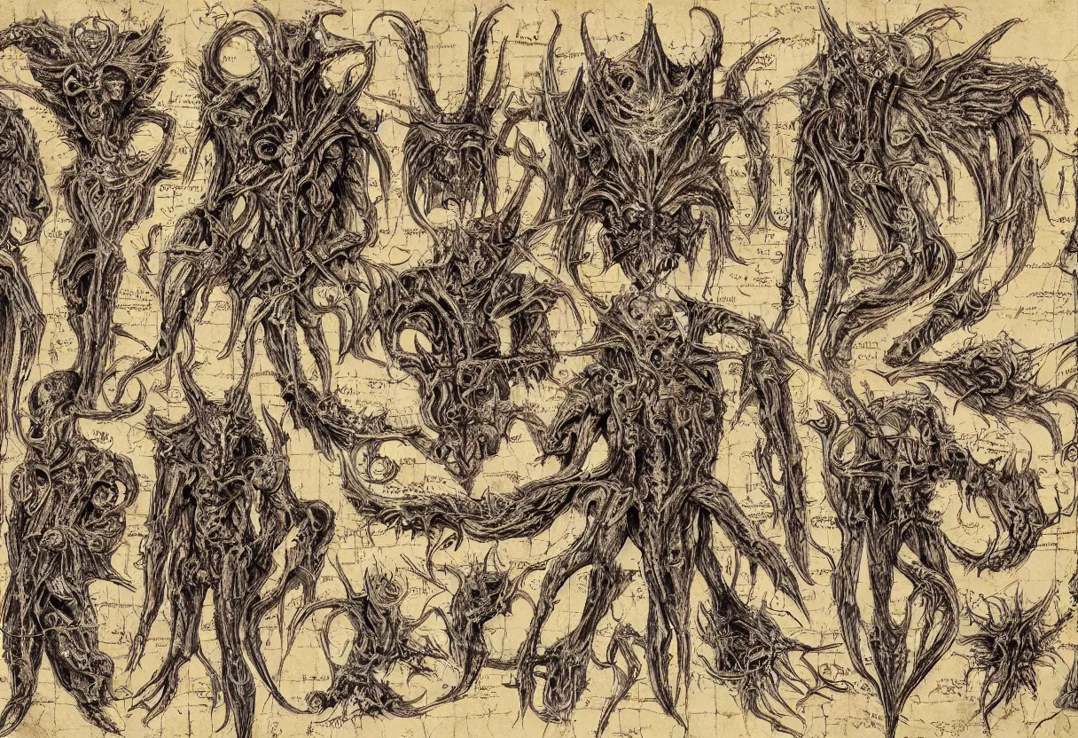 Image similar to blueprint of demonic manuscripts from necronomicon book drawn and written in blood, hyper realism, realistic, dramatic lighting, octane render, highly detailed, cinematic lighting, cinematic, art by leonardo da vinci