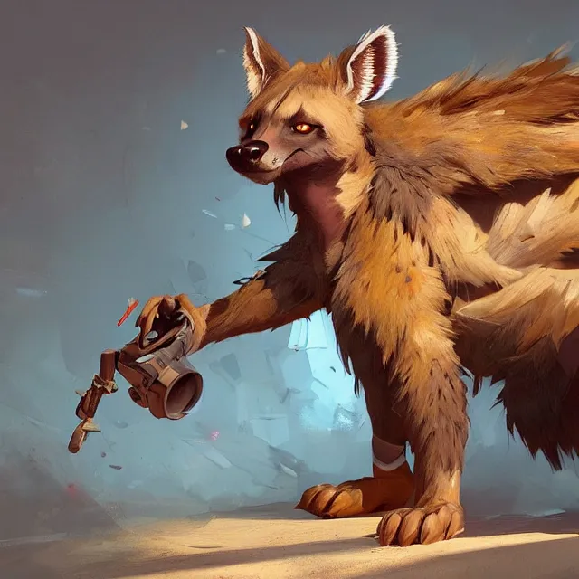 Image similar to a beautiful painting of a handsome anthropomorph brown hyena furry fursona wearing an uniform. character design by cory loftis, fenghua zhong, ryohei hase, ismail inceoglu and ruan jia. artstation, volumetric light, detailed, photorealistic, rendered in octane