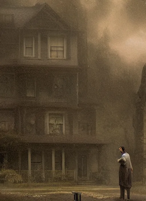 Image similar to frankenstein standing in front of a house on a rainy day, a digital rendering by gregory crewdson, trending on cgsociety, american scene painting, ominous vibe, matte drawing, atmospheric