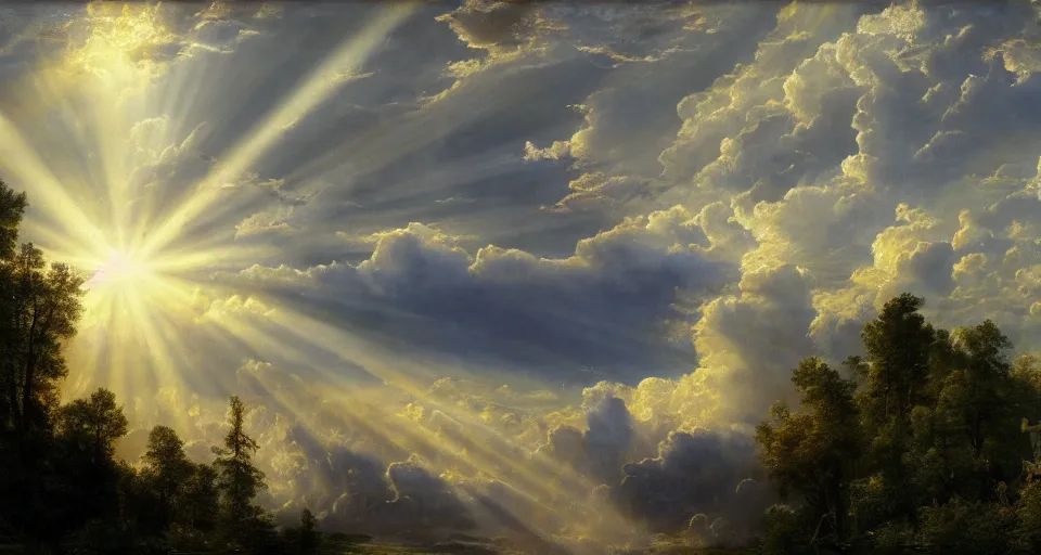 Image similar to heaven with angels floating on clouds god rays, by eugene von guerard, ivan shishkin, trending on artstation, 8 k