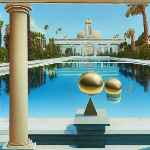 Image similar to David Ligare masterpiece, gold rings, hyperrealistic surrealism, award winning masterpiece with incredible details, beautiful lighting, pool caustics, illuminated orbs, epic stunning, infinity pool, a surreal vaporwave liminal space, highly detailed, trending on ArtStation, broken giant marble head statue ruins, calming, meditative, geometric liminal space, palm trees, very vaporwave, very very surreal, sharp details